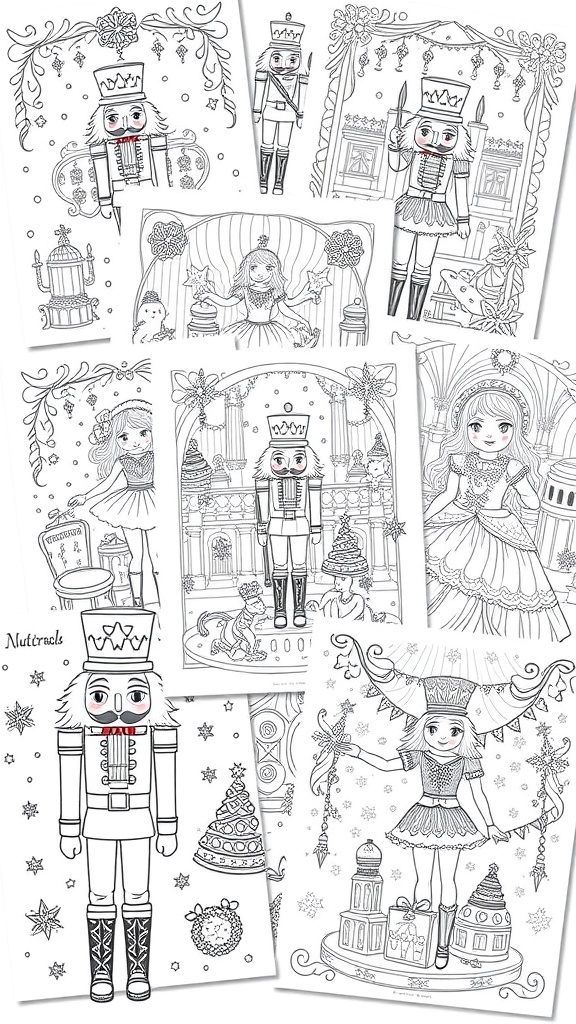 Nutcracker coloring pages featuring soldiers, ballet scenes, and Christmas decorations.